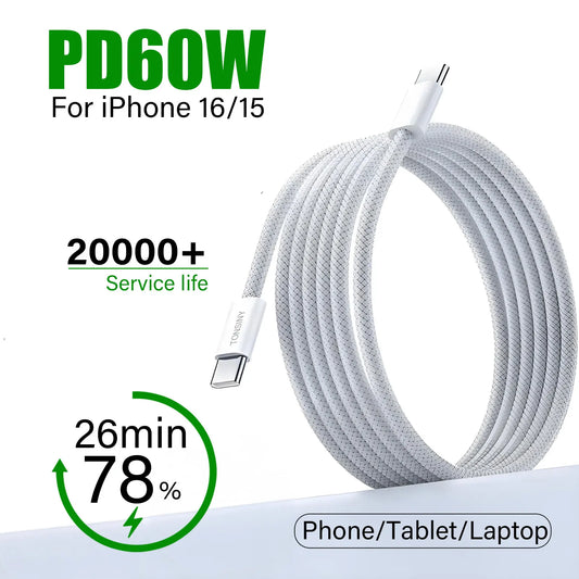 Original USB-C Cable For iPhone 17 16 15 Pro Max PD 60W Fast Charging For Huawei Xiaomi Samsung Type C Weaving Cable Accessories