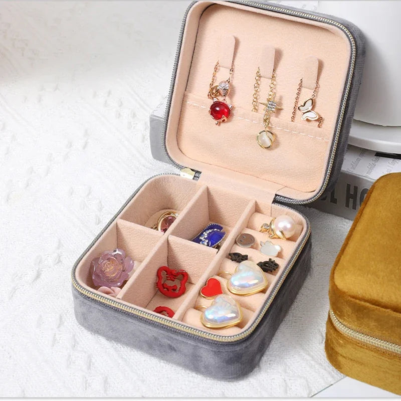 Boîte à bijoux en velours pour femmes, organisateur de colliers, bagues, boucles d'oreilles, étui de rangement portable carré à fermeture éclair