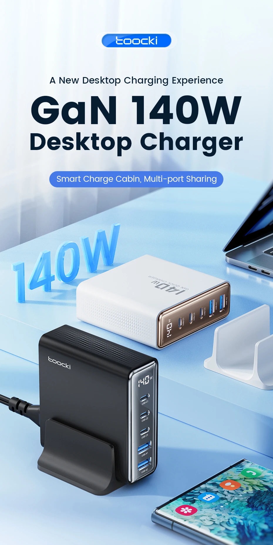 Toocki 140W GaN USB Charger 5in1 Desktop Fast Charge USB Type C Charger LED Display Charger For iPhone Xiaomi Smartphone Laptop - Shoppiline