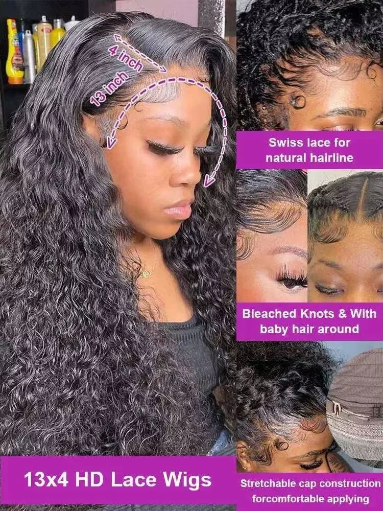 13x6 Glueless 250 Dichte Brasilianische Deep Wave Gelockte HD Lace Frontal Echthaarperücke für Frauen Vorgezupft Beste Haar Wasser Perücke