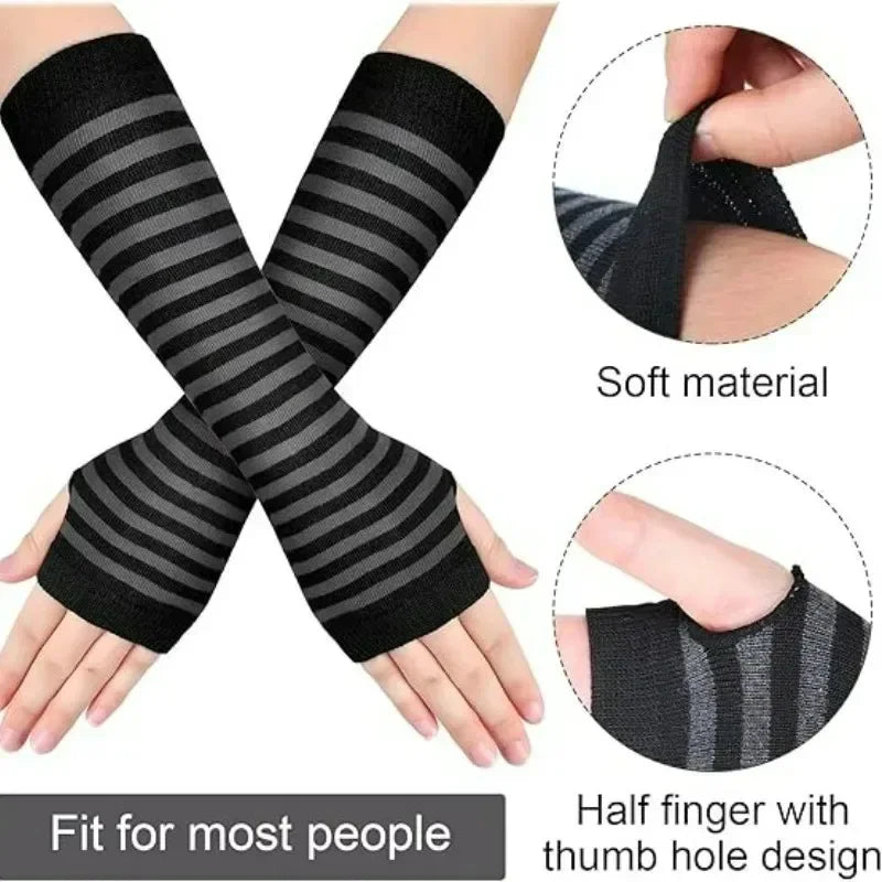 Striped Fingerless Gloves Arm Warmers Cotton Elbow Protection Warm Bracelet Gloves for Cold Weather Daily Casual Outdoor Wear