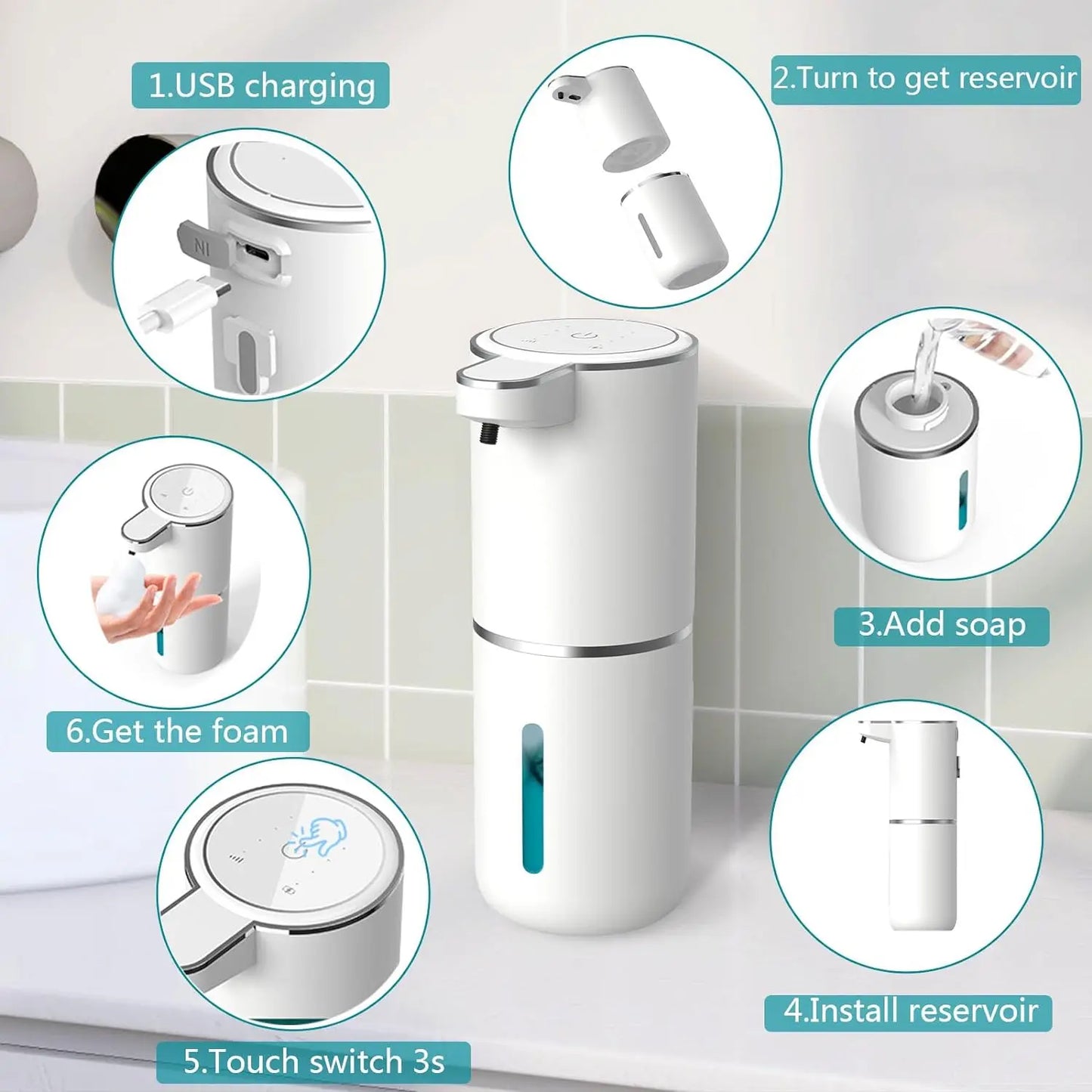 HOMEFISH Automatic Soap Dispenser Touchless Foaming Soap Dispenser 380ml USB Electric 4 Level Adjustable Foam Soap Dispenser