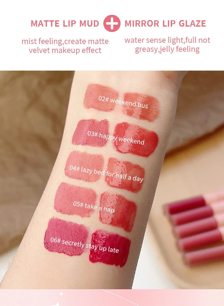 Doppelseitiger Lip Glaze Vollglanz Spiegel und mattes Samt Langzeit-Farbe und Feuchtigkeit Lip Gloss Anti-Flecken Kosmetik Lip Glaze