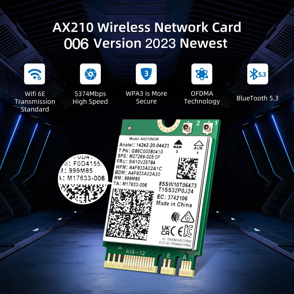 Tri Band WiFi6E AX210 Wireless 2.4Gbps Bluetooth 5.3 802.11AX Wireless Wi-Fi 6 AX210 For Intel AX210NGW M.2 NGFF Wlan WiFi Card