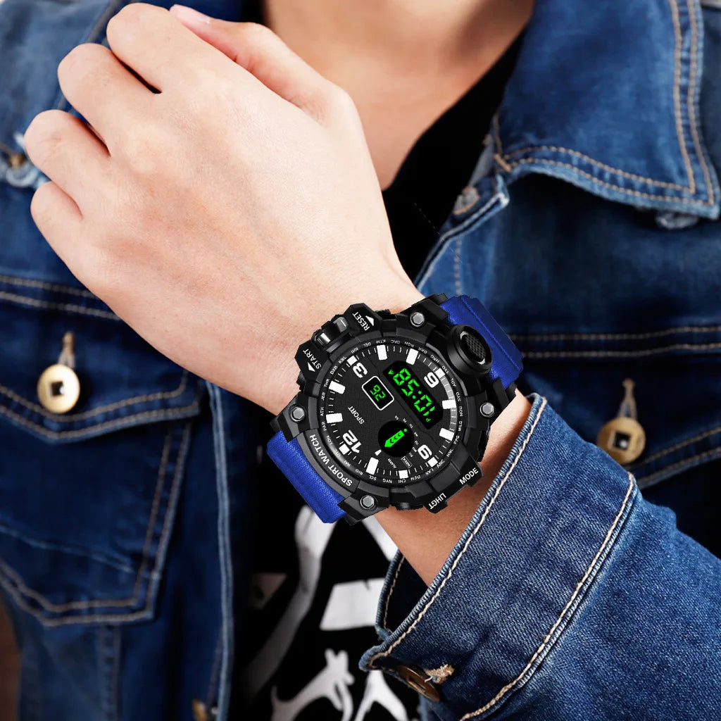 Mode Herrenuhr Sportliche elektronische Armbanduhr Großes Zifferblatt Multifunktional Wasserdicht Leuchtend Alarm Kinder Militäruhr für Herren