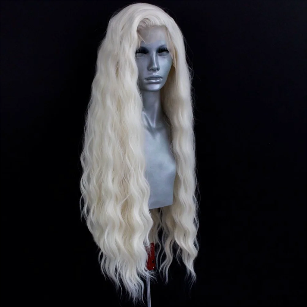Platinum Blonde Wave Wig Synthetic Lace Front Wigs For Women Long Natural Wave Lace Hair White Black Pink Wig Loose Curl Cosplay