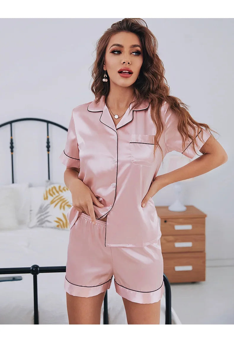 Short Sleeve shorts set ladies home wear women's silk pajamas Ice Silk breathable comfortable top pants set