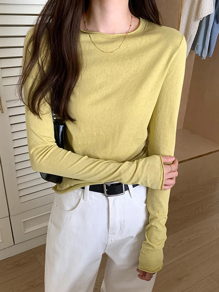 Spring Autumn T shirt Women Tops Solid Long Sleeve Ruched O Neck Tshirts Female Korean Casual Streetwear High Quality Base Tees