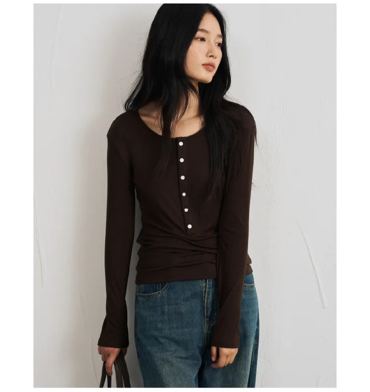 Silk Wool Basic Shirt For Women Autumn Winter Round Button Neck Slim Knitwear, Solid Color Striped Long Sleeve Top