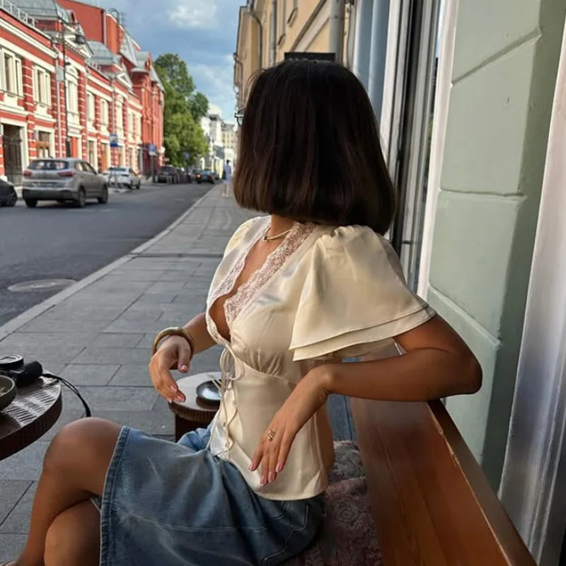 Women Solid Lace Tops V-Neck Short Sleeves Satin Slim Regular Streetwear Tees Female Summer Pure Desire Hot Girl T Shirts 2026