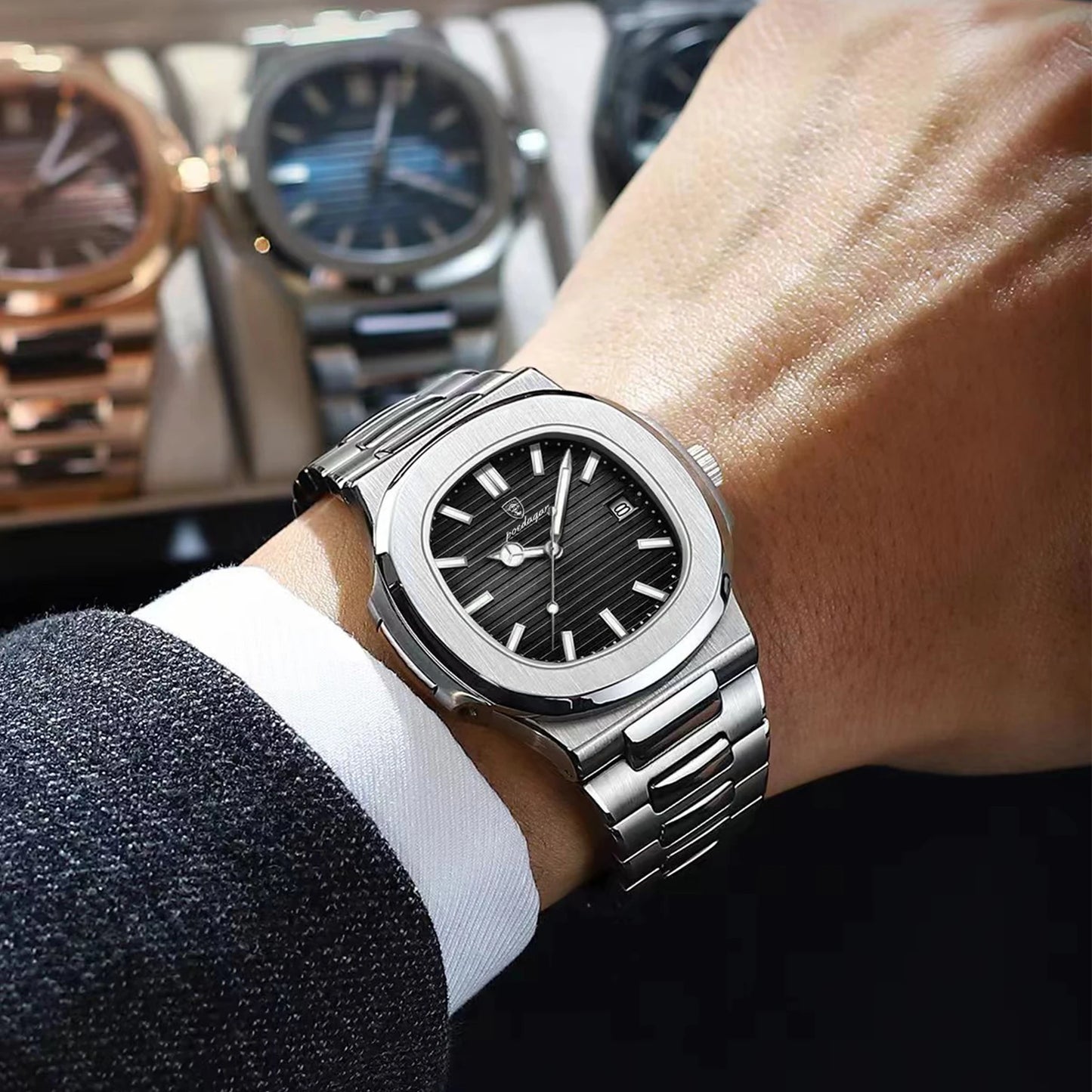 POEDAGAR Top Luxusmarke Herrenuhr Sport Wasserdicht Leuchtend Datum Herrenarmbanduhr Quadratisches Zifferblatt Quarz Herrenuhren Hohe Qualität