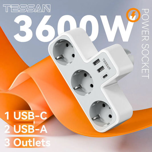 TESSAN EU Plug Power Strip with 3 AC Outlets +2 USB Ports+ 1 Type C, 6-in-1 Plug Socket Adapter Wall Charger for Home Office