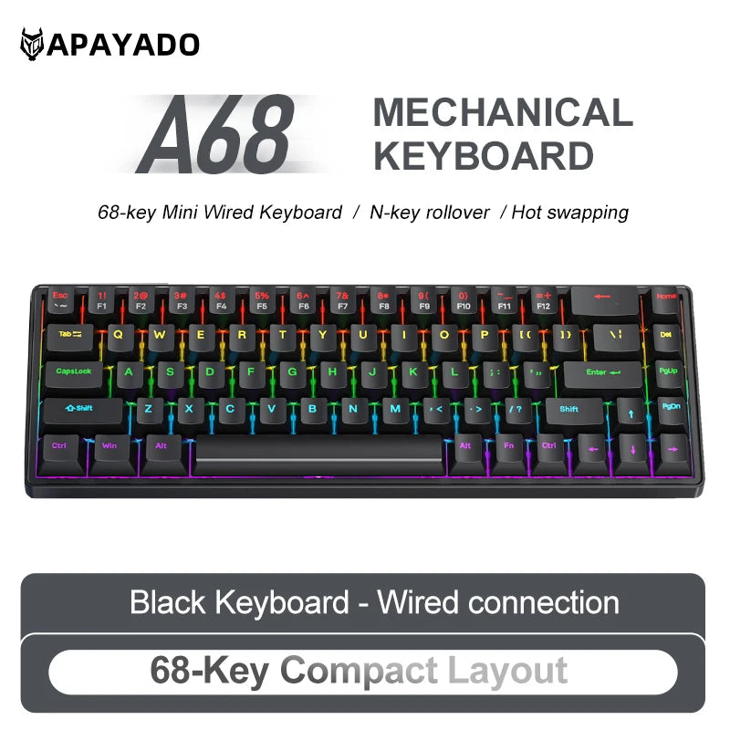 APAYADO A68 Wired Mechanical Keyboard RGB Backlight,Fully Hot-Swappable Keys,ABS Keycaps,68-Key Keyboard for Gaming/Office Use