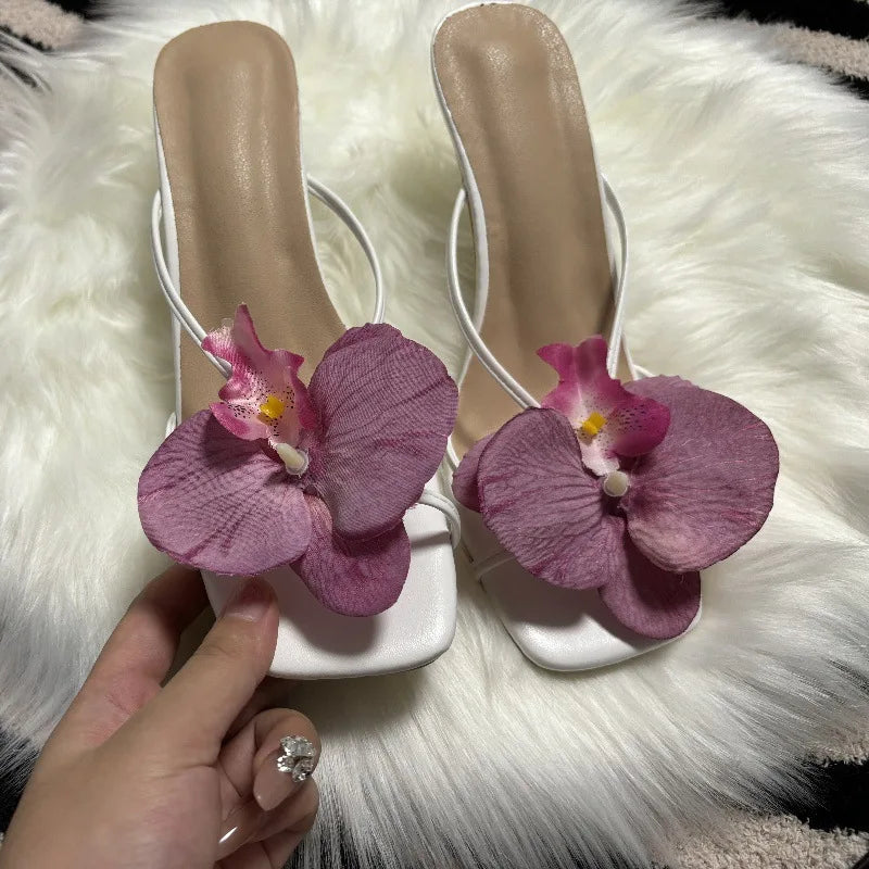 Orchid Flower Summer New High Heeled Women White Pink Blue Purple Floral Heels Square Toe Prom Slipper Slingback Shoes for Women