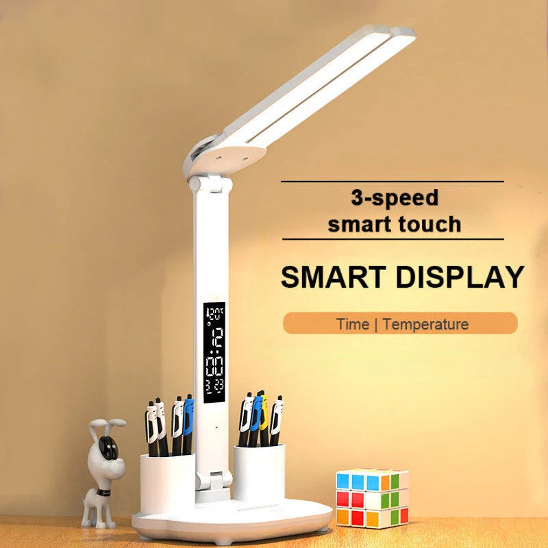 LED Table Lamp Double-Headed USB Chargeable Dimmable Desk Lamp with Calendar Clock Foldable Eye Protection Reading Night Light
