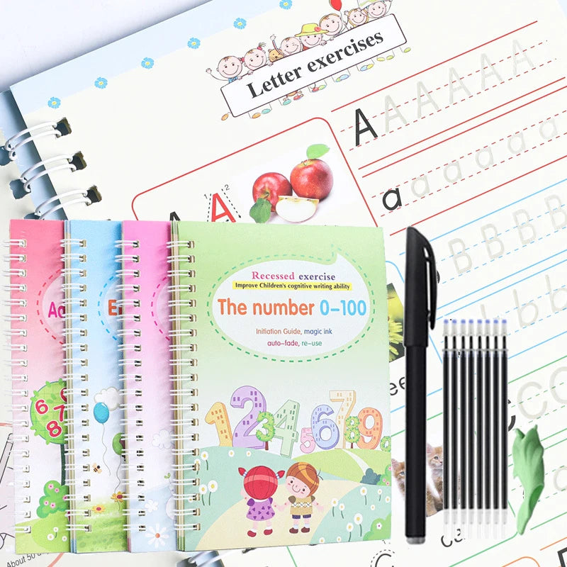 4 Bücher Englisch Übungsheft Zauberstift Nachfüllpackung Automatisch Verschwindende Tinte Kinder Schreibaufkleber Übung für Kinder Erleuchtungsgeschenk