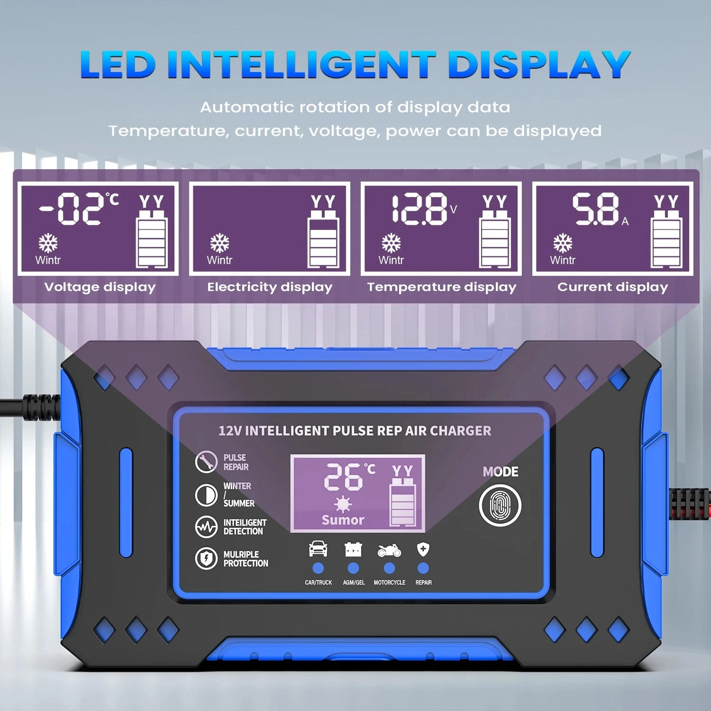Batteriereparatur LCD-Anzeige 6A 12V Intelligentes Auto-Batterieladegerät Auto- und Motorrad-Batterieladeeinheit Blei-Säure
