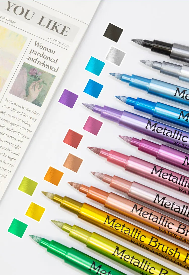 12 Colors Brush Metallic Paint Markers Pens for Rock Painting Stone Ceramic Wood Fabric Pebbles Scrapbook Journals Photo Albums