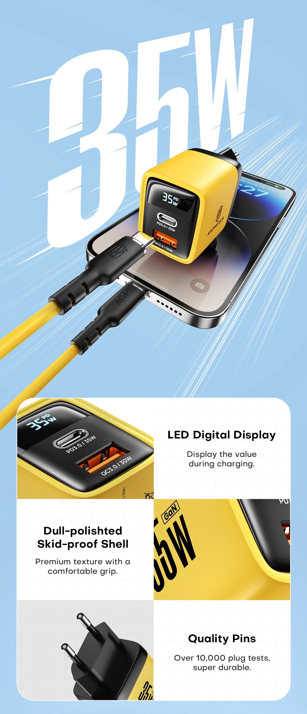 ASOMETECH 35W GaN Charger LED Display QC3.0 30W 25W PD PPS Quick Charge USB Type C Charger For iPhone 14 Pro Samsung S23 Xiaomi - Shoppiline