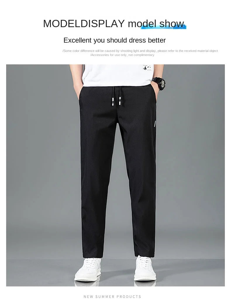 Herren Eisseide-Hose 2025 Sommer Neu Schwarz Grau Dünne Business-Freizeithose Outdoor Elastisch Atmungsaktiv Gerades Bein Jogginghose