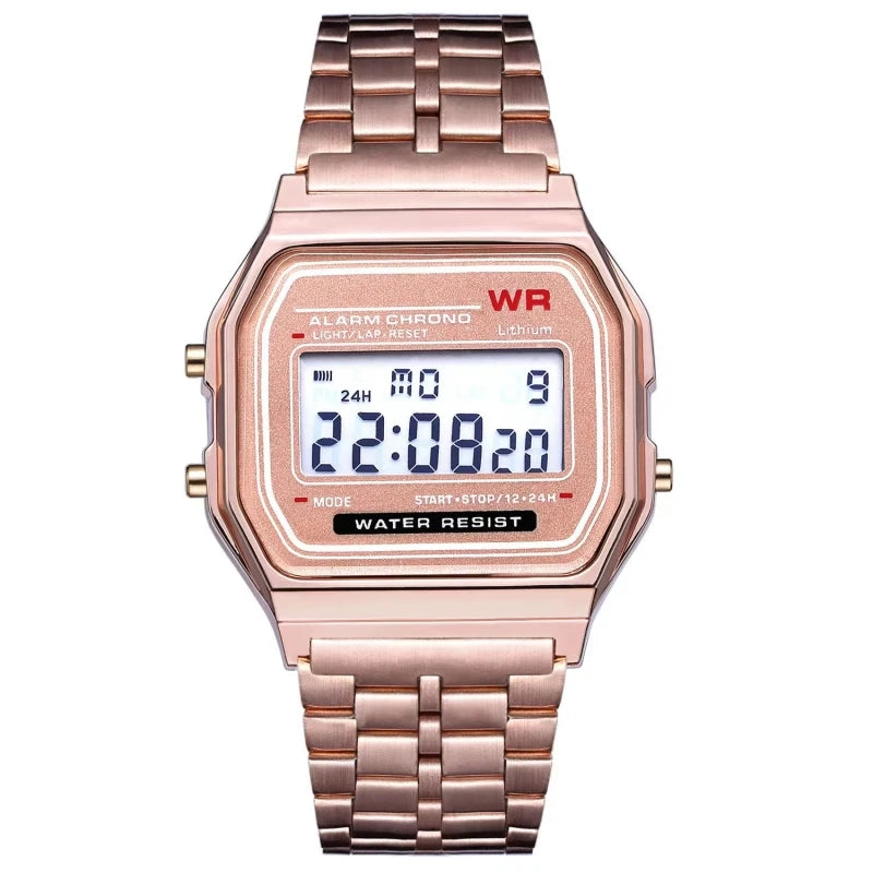 F91W Nicht wasserdichte Stahlbanduhr für Damen, Herren, Business-Uhr, multifunktionale LED-Digital-Sportuhr, elektronische Uhr