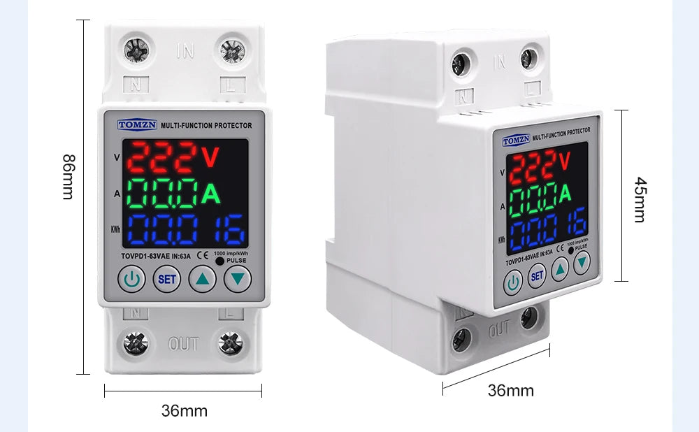 DIN Rail Dual Display Adjustable Over Voltage Current And Under Voltage Protective Device Protector Relay 40A 63A 80A 220V 230V