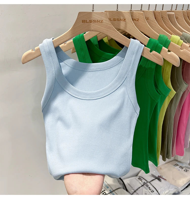 zjaiss Women Solid Round Neck Ribbed Tank Top Camisole Women 2026 Summer Basic Elastic Tank Top O Neck Solid Tank Top