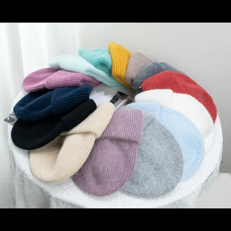 Bonnets d'hiver pour femmes en fourrure de lapin tricotés, bonnets épais à revers, bonnets amples et doux pour le ski.