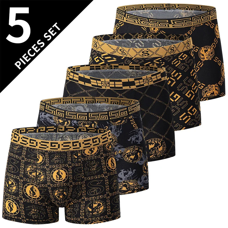 Lot de 5/10 boxers pour hommes, imprimé or noir, confortables et polyvalents, grande taille, sexy, pour jeunes hommes, loisirs sportifs, plage