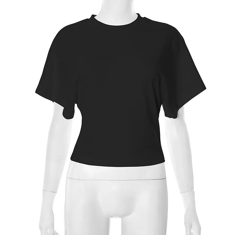 Women's New Arrival Solid Colour Pure Cotton Crew Neck Pullover Short-Sleeved Loose-Fit Waist-Defining Cropped Top with Exposed