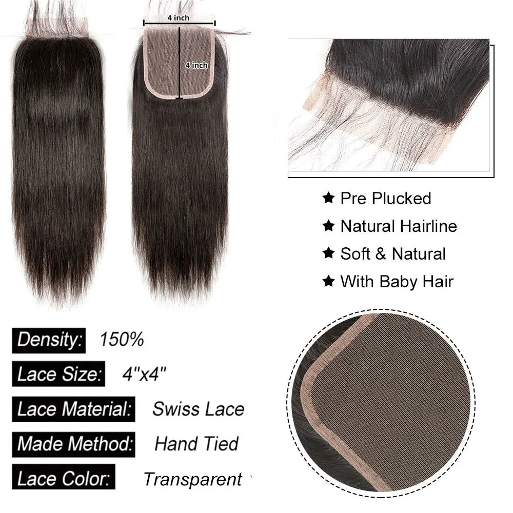 Raides 4x4 5x5 6x6 Closure Dentelle Cheveux Humains Transparents 13x4 13x6 Frontal Dentelle Cheveux Humains Oreille à Oreille Extensions Frontales