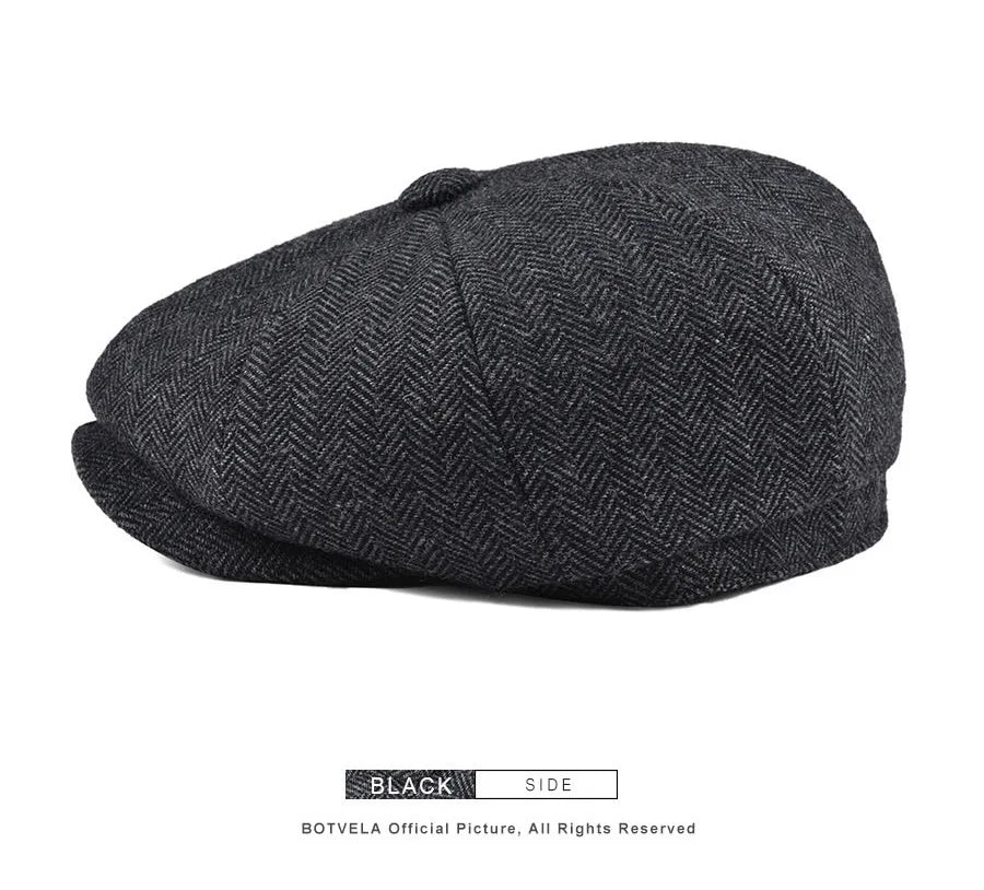 BOTVELA Wool Tweed Newsboy Cap Herringbone Men British Gatsby Retro Hat Driver Flat Cap for Male Vintage Herringbone Beret