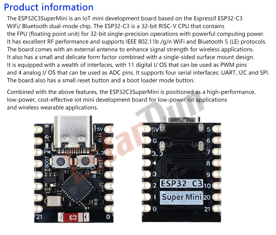 Carte de développement Estardyn ESP32-C3 MINI Carte de développement ESP32 SuperMini = Carte d'extension WiFi Bluetooth de carte de développement
