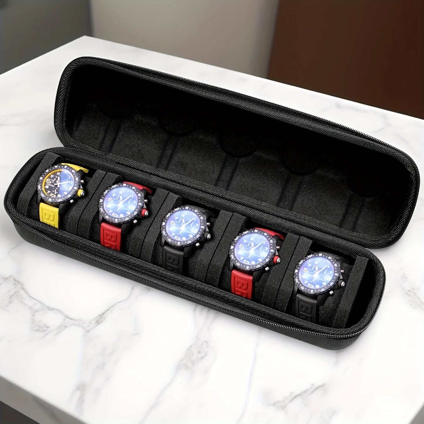 1 Stück 5-Schlitz Uhrenetui | Reise-Organizer mit harter Schale und Kissen-Einlage – bereit zum Verschenken (Schwarz), geeignet zur Aufbewahrung von Smartwatches