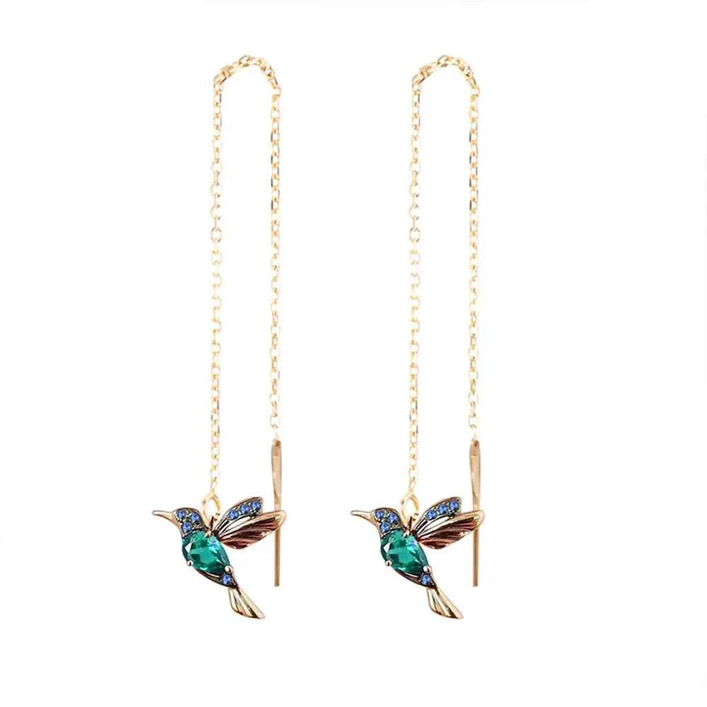 Hummingbird Red CZ Long Earrings For Women Gold Color Metal Green Stone Red CZ Wing Spreading Drop Earring Wedding Party Jewelry