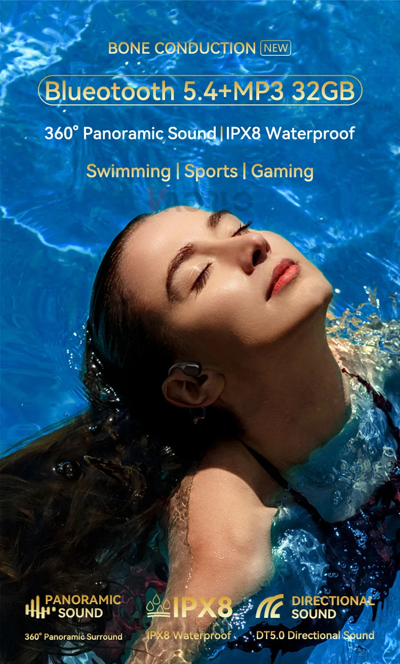 #IPX8 Waterproof Bone Conduction Wireless Headphone Bluetooth 5.4+32GB RAM MP3 Player HIFI Music Sport Swimming Headset With Mic