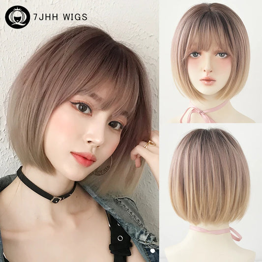 Pixie Cut Wigs Synthetic Short Straight Pink Brown Bob Wigs with Dark Roots High Density Layered Hair Wigs with Curtain Bangs