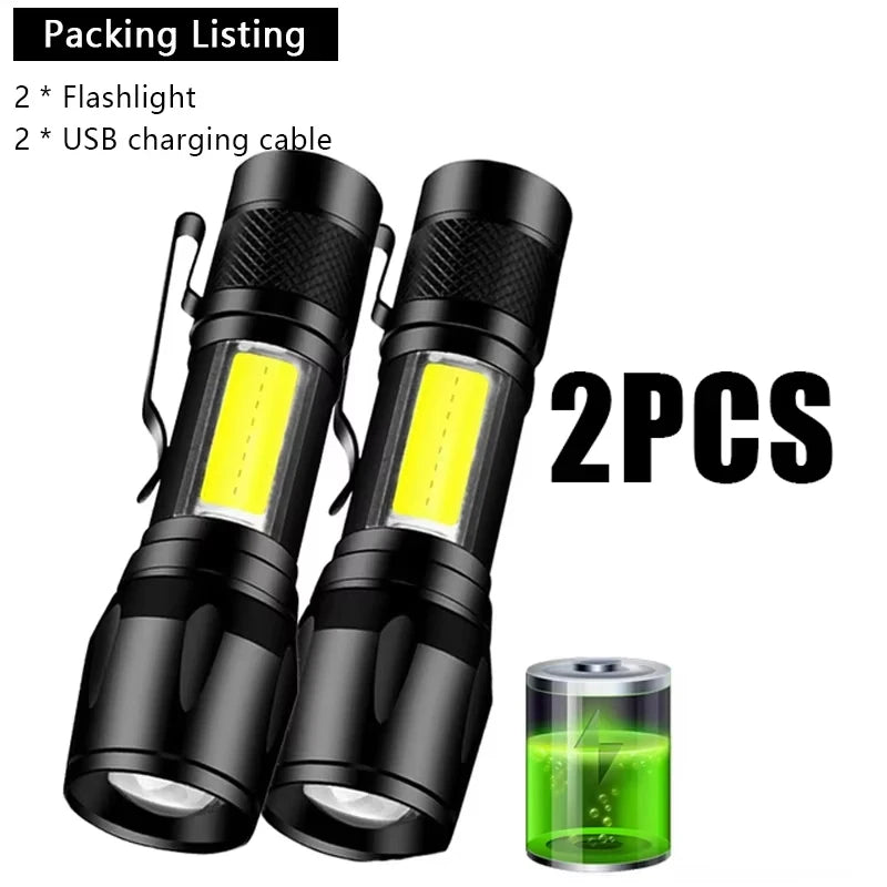USB Rechargeable Mini Flashlight COB+XPE Portable Built-in Battery Zoomable Small Torch 3 Mode Camping Emergency Flashlights
