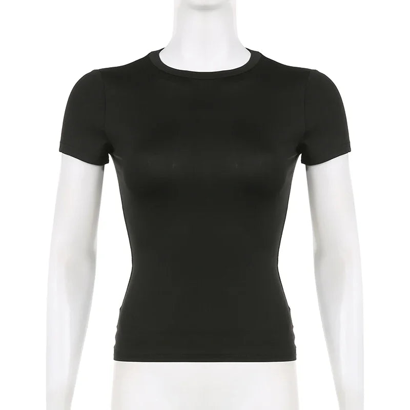 Basic Solid Crop Top Short Sleeve Crewneck Skinny T-shirt Summer Casual Tee for Women Y2K Vintage Top Harajuku Streetwear