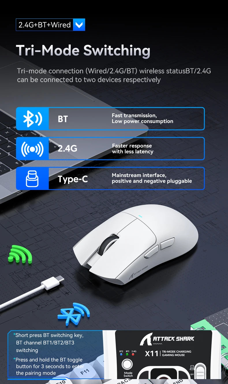 Attack Shark X11  X11SE Wireless Gaming Mouse 3-Mode , PAW3311, 22000DPI, 400IPS, PC Gaming Mouse