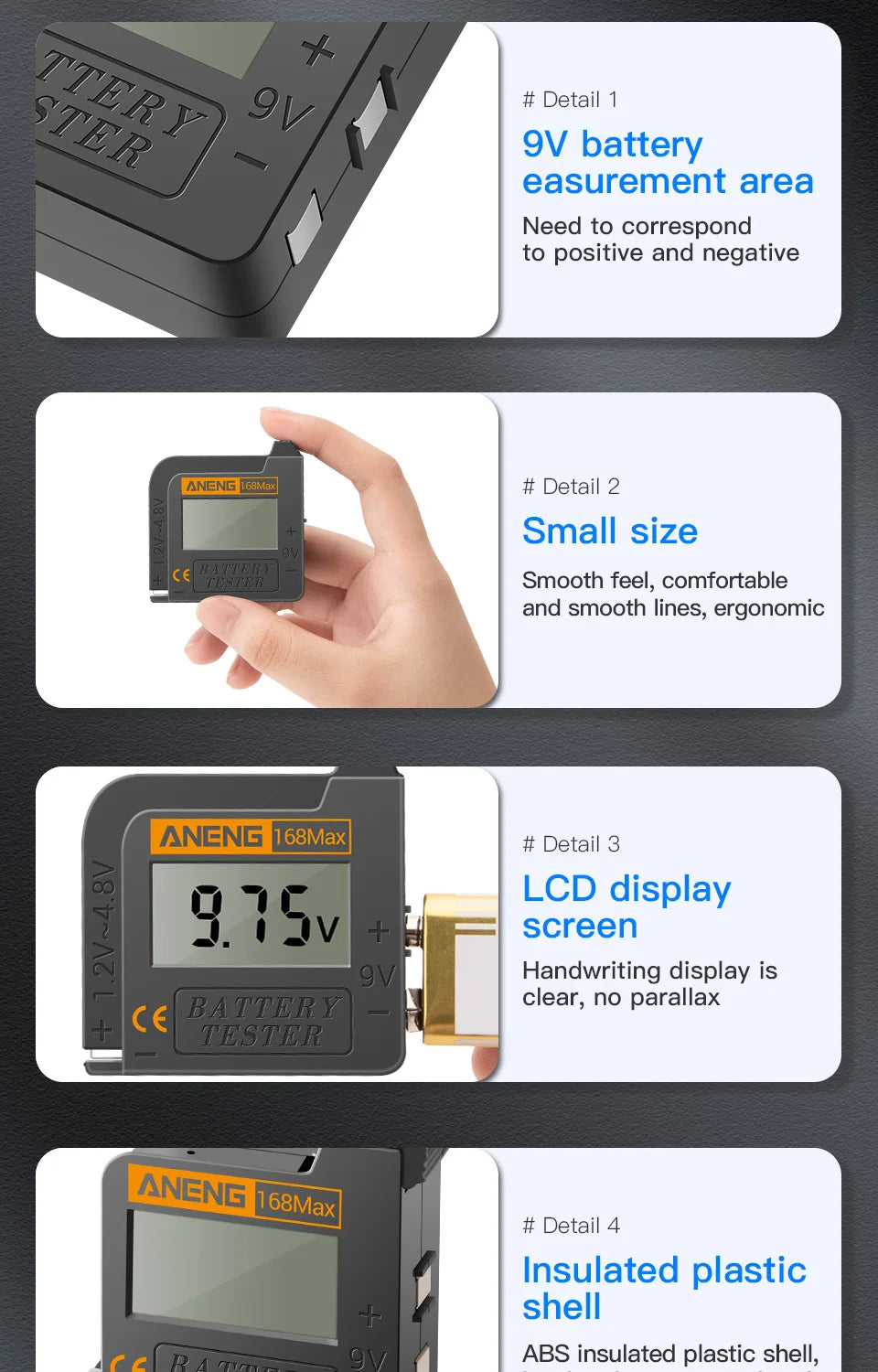 Universal Lithium Battery Tester ANENG 168Max Capacity Test Checkered Load Analyzer Check AAA AA Button Cell Home Essential Tool