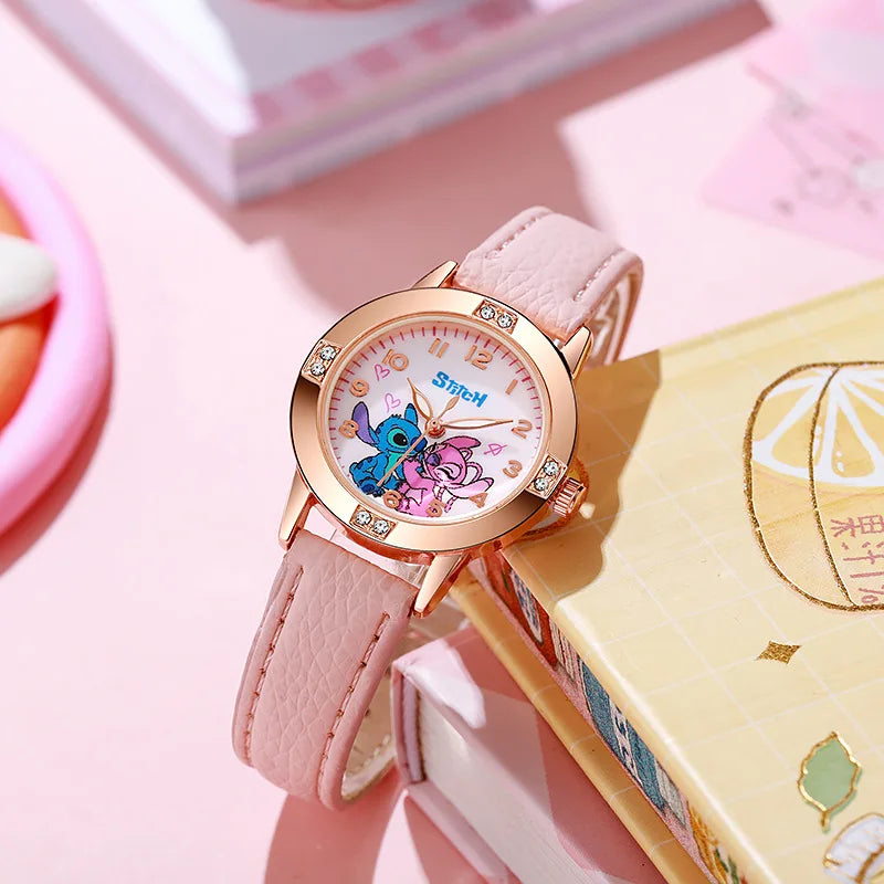 New Cartoon Pattern Stitch Girls Watches for Kids Leather Strap Children Watch with Rhinestone Dial reloj stich Exquisite Gift