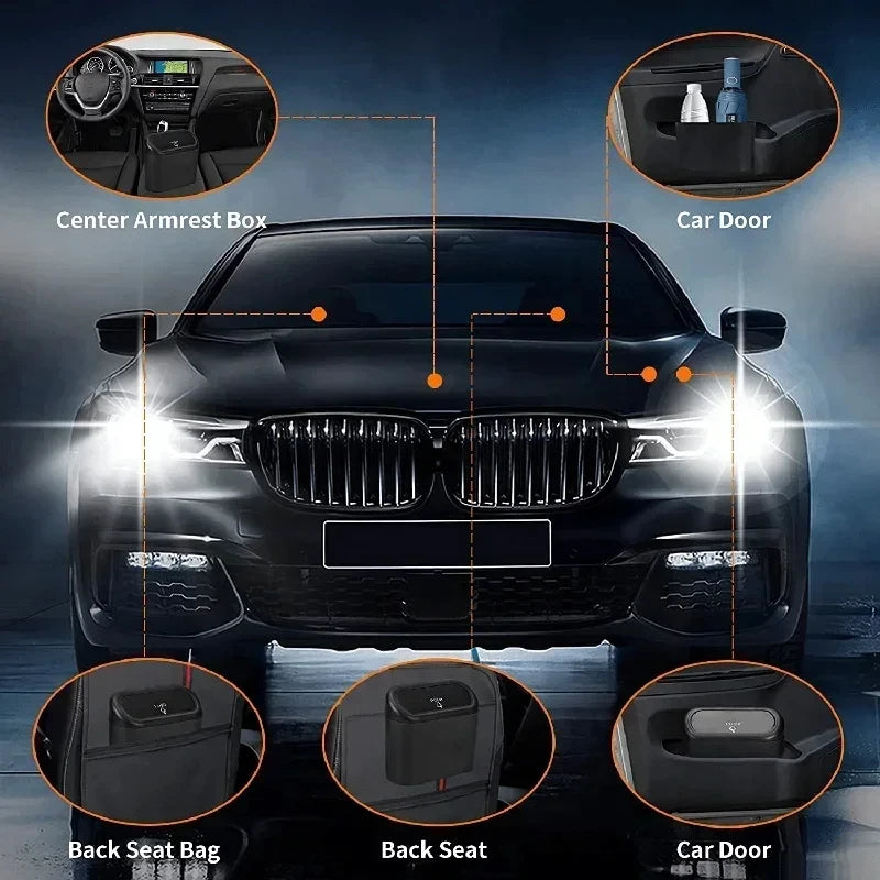 The covered car trash can contains 3 black garbage bags. The small car trash can is leak proof and miniature