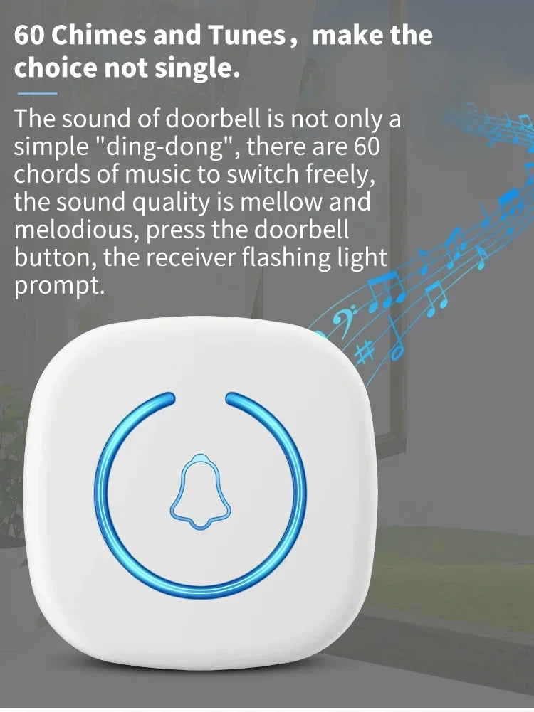 Wireless Doorbell Intelligent Welcome Door Bell 300M/984 FT Remote 60 Songs Melodies Home Smart Doorbell US EU Plug Optional