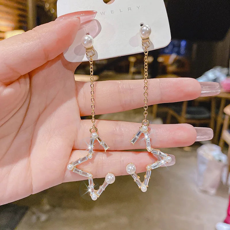 Shiny Crystal Zircon Long Stud Earrings for Women Geometric Hanging Drop Tassel Earring Fashion Party Vintage Pendant Jewelry