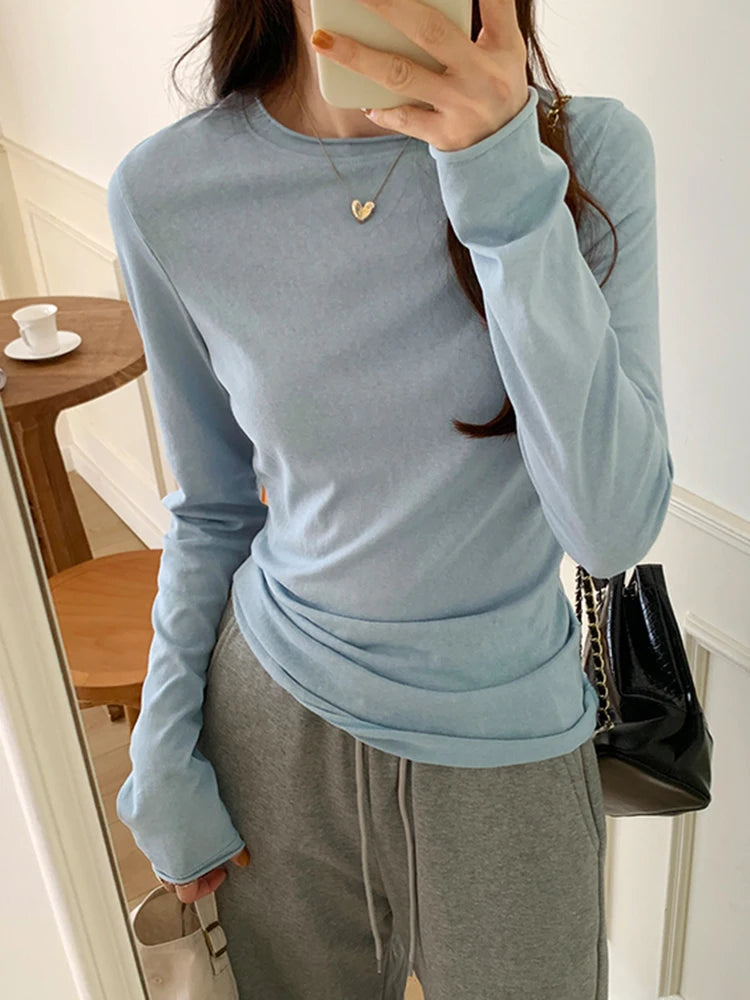 Spring Autumn T shirt Women Tops Solid Long Sleeve Ruched O Neck Tshirts Female Korean Casual Streetwear High Quality Base Tees
