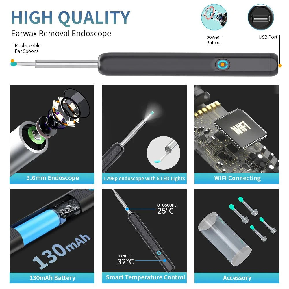 Nettoyant auriculaire visuel intelligent avec caméra, dissolvant de cérumen, otoscope 1080P HD, curette auriculaire, endoscope auriculaire, soins personnels