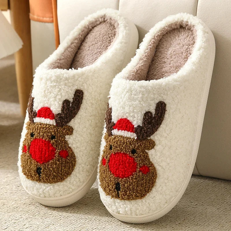 Weihnachten Elch Baumwollhausschuhe für Damen Herren Winter Süße Cartoon Zuhause Rutschfeste Paar Bodenhausschuhe Indoor Plüschschuhe 20