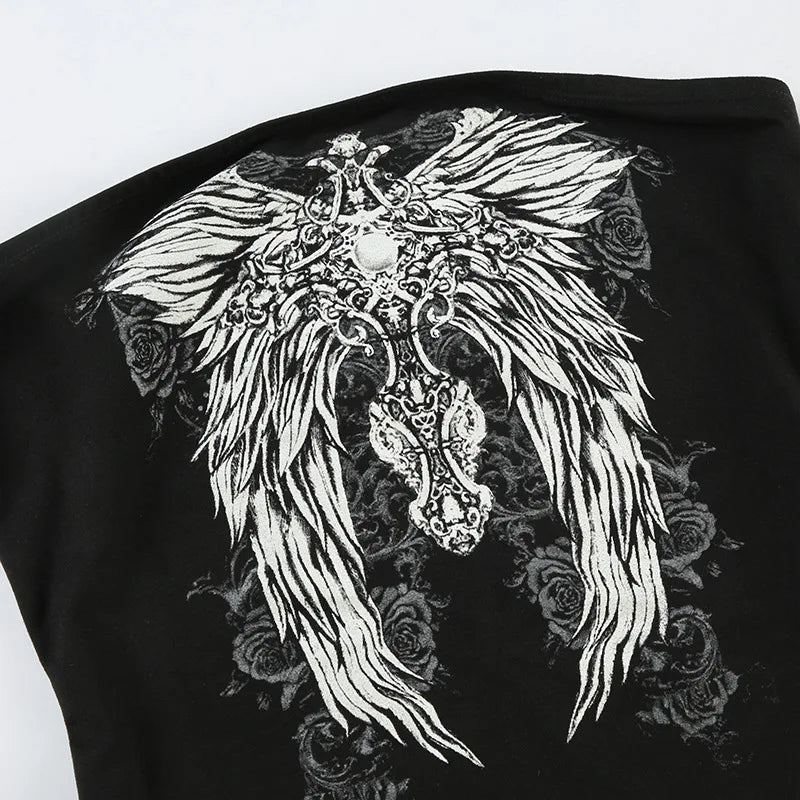 Gothic Print Black Strapless Tube Top Women Skinny Cropped Summer Casual Chic Graphic Tee Y2K Streetwear Basic Vest