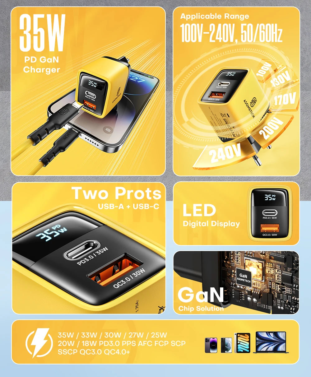 ASOMETECH 35W GaN Charger LED Display QC3.0 30W 25W PD PPS Quick Charge USB Type C Charger For iPhone 14 Pro Samsung S23 Xiaomi - Shoppiline
